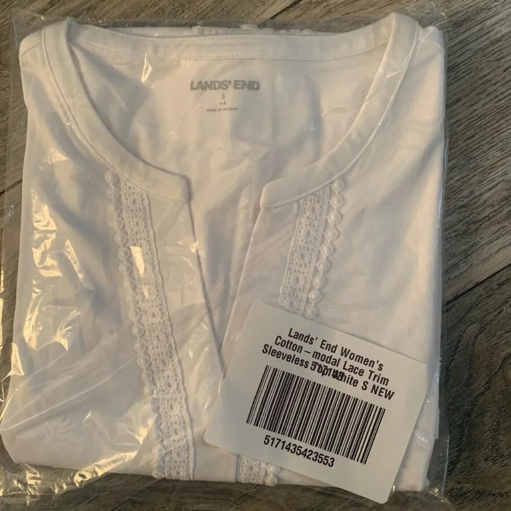 NWT LANDS' END WOMEN'S COTTON-MODAL LACE TRIM SLEEVELESS TOP WHITE XS & SMALL - Picture 6 of 12
